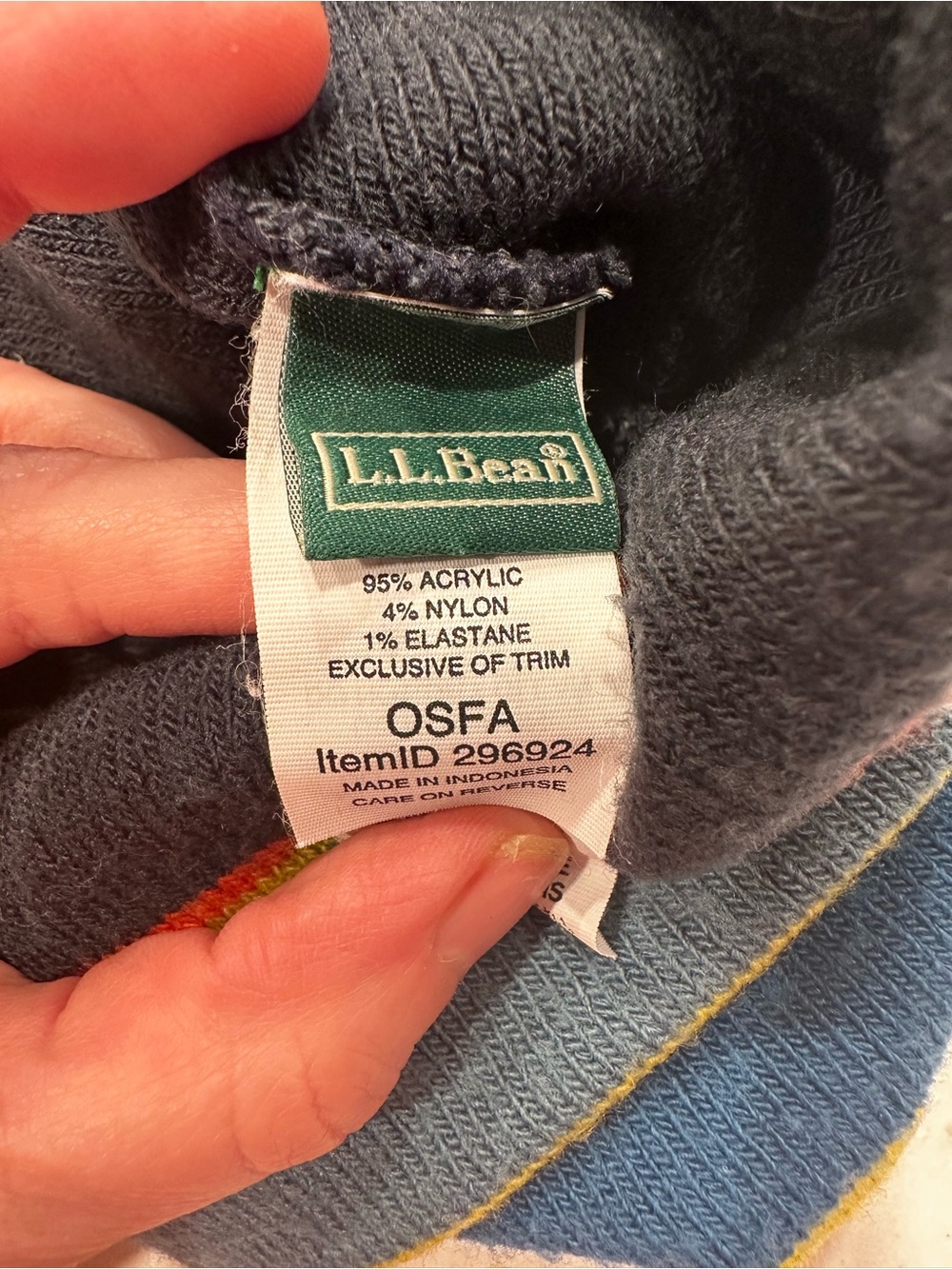 L.L.Bean Navy Knit Beanie with Multicolor Stripe Trim - Picture 3 of 3